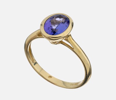 14 kt Gold Tansanit-Ring, GG 585/000, ovalfacett. Tansanit ca. 1.20 ct, RW 56, ca. 3.2 g