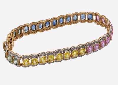 14 kt Gold Saphir-Diamant-Armband, GG 585/000, 36 ovalfacett. Saphire in Blau, Grün,Gelb und Pink zus. ca. 12.50 ct, 216 8/8-Diamanten in rhod. ...