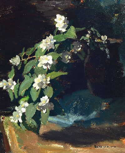 Philipp Herrmann, 1899-1967 Karlsruhe, Stillleben mit Blütenzweig, Öl/Lwd, rechts unten signiert, ca. 60x50cm, R. ca. 71x61cm, Studium an der ...