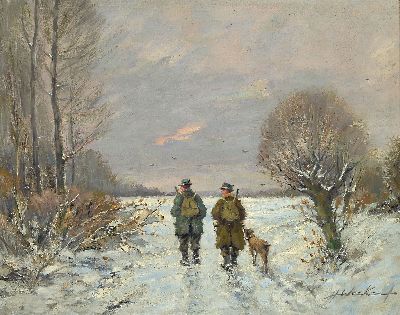 Heinrich Weckauf, 1885-1963, Zwei Jäger in verschneiter Landschaft, rechts unten signiert, Öl/Masonit, 24x30 cm, Rahmen 36x42 cm