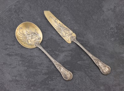 2-teiliges Vorlegebesteck für Eis oder Dessert, Frankreich um 1900, 950er Silber, teilvergoldet, Meistermarke in Raute nicht identifiziert, ...