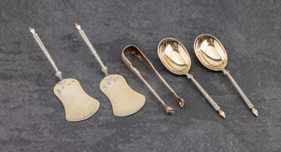 5-teiliges Petit-Fours-Vorlegebesteck, Frankreich um 1900, 950er Silber, teilvergoldet, Meistermarke EC in Raute wohl CARDEILHAC, Nachfolger von ...