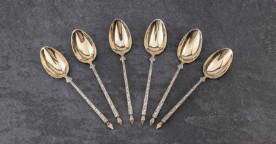 6 Löffel, Frankreich um 1900, 950er Silber,teilvergoldet, Meistermarke EC in Raute wohl CARDEILHAC, Nachfolger von Christofle, sparsamer floraler ...