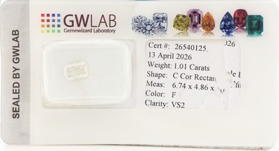 Loser Diamant 1.01 ct feines Weiß(F)/vs2, Cut Cornered Rectangle Brillant, GWLAB-Expertise anbei, in geöffnetem Blister