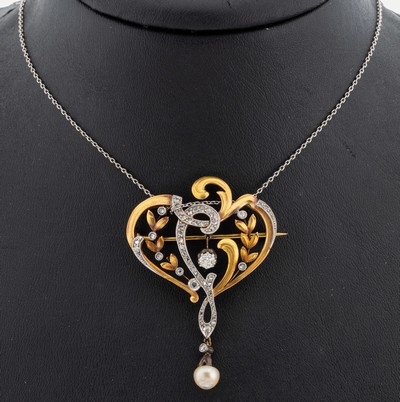 18 kt Gold Jugendstil Diamant-Perl-Collier, um1900-10, GG 750/000 gepr., geschwungenes florales Mittelteil, 1 Altschliffdiamant, bewegl. gefasst, ...