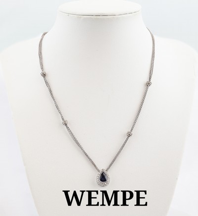 18 kt Gold WEMPE Saphir-Brillant-Collier, WG 750/000, tropfenf. Mittelteil mit facett. Saphirtropfen ca. 1.20 ct, schöne Farbe, umgeben von ...
