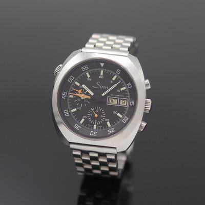 SINN Armbandchronograph in Stahl, Schweiz um 1985, Automatik, Boden verschr., neutr. Gliederband m. Faltschl., schwarzes Zifferbl. m. Leuchtind., ...