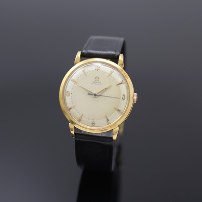 OMEGA Herrenarmbanduhr in GG 750/000 Referenz 2643 S.C, Hammerautomatik, Schweiz um 1953, l. dell. Boden und Glasrand aufgedr., silb. ...