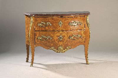 Barockkommode, Frankreich, 19.Jh., Rosenholzfurnier, bombiert, 2 Schubladen, auf geschwungenen Beinen, aufwendige Furnierarbeiten aus Blüten und ...