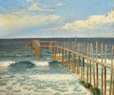 Sören Lund, 1852-1933 Frederiksberg/Dänemark, Küstenlandschaft mit Stellnetzen, Öl/Lwd, l. rest., verso Etikett mit Namen, Rahmen 70x80 cm