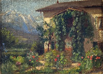 Hans Deiters, 1868 Düsseldorf-1922 München, Haus mit Kräutergarten vor Alpenpanorama, Öl/Lwd/karton, verso Stempel Künstler-Nachlaß Hans ...