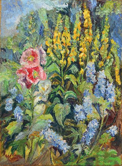 Marie Strieffler, 1917-1987 Landau, Gartenstillleben, wohl im Garten des Strieffler-Hauses, links unten Signiert, Öl/Lwd, 65x48 cm, Rahmen 70x52 cm