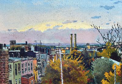 Monogrammist JM, Mitte 20.Jh., Blick über Brooklyn auf die Freiheitsstatue, rechts untenmonogrammiert, Öl/Karton, unter Glas gerahmt 26x35 cm