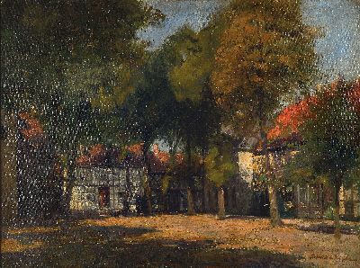 German Grobe, 1857 Hanau-1938 Düsseldorf, Ansicht aus Bad Essen, beschatteter Platz mit Fachwerkhäusern, rechts unten signiert, Öl/Lwd, 55x73 cm, ...