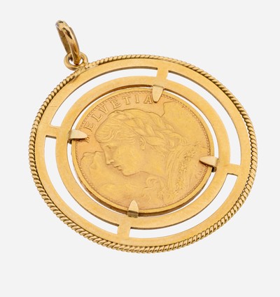 18 kt Gold Münz-Anhänger, GG 750/000, lose gefasste Goldmünze, 20 Franken, Schweiz, 1947,sogn. Vreneli, schlichte Rahmung, ca. 11.1 g