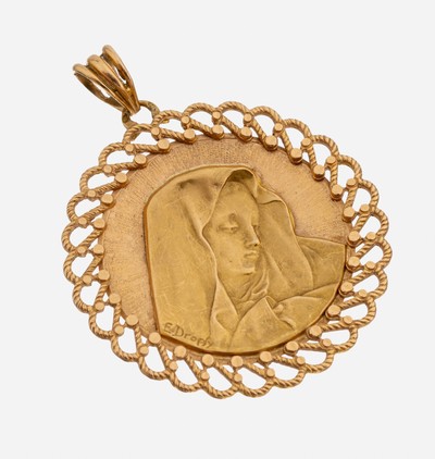18 kt Gold Anhänger, Frankreich um 1900, GG750/000, Darstellung der Heiligen Maria, sign.E.Dropsy, ca. 6.8 g, rs. stark verbeult