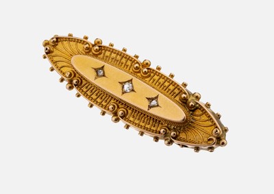14 kt Gold Diamant-Brosche, um 1880-90, GG 585/000, filigrane Arbeit, 3 kl. Diamantrosen,L. ca. 5 cm, ca. 4.8 g, Nadel unedel