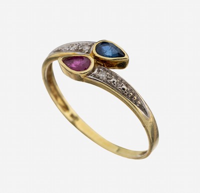 14 kt Gold Rubin-Saphir-Diamant-Ring, GG 585/000, part. rhod., stil. Schlange, facett. Rubin- und Saphir-Tropfen zus. ca. 0.40 ct, 2 kl. ...