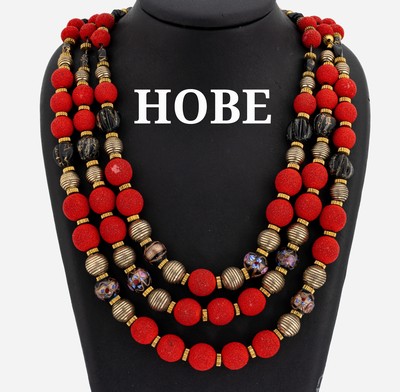 HOBE Modeschmuckcollier, USA 1950/60er Jahre, 3-reihig mit goldfarbenen Metall-Elementen,schwarze und roten Kunststoff-Kugeln und Murano-Glaskugeln ...