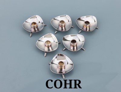 Set 6 kl. Tischkerzenhalter, Dänemark, 1950er-60er Jahre, 925er Silber, abgerundet dreieckige Form, auf 3 Füßen stehend, Hersteller COHR, ca. 185 ...