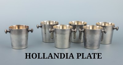 Set 6 Piccolo-Sektkühler, Niederlande, 1930er-50er Jahre, Metall versilbert, schlichtes konisches Design mit runden Handhaben, H. ca. 8 cm, ...