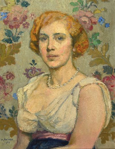 Wilhelm Balmer, 1865 Basel-1922 Bollinen, Porträt einer Frau vor Blumentapete, Öl/Lwd, links unten sign., ca. 60x46cm, R. ca. 69x 55cm