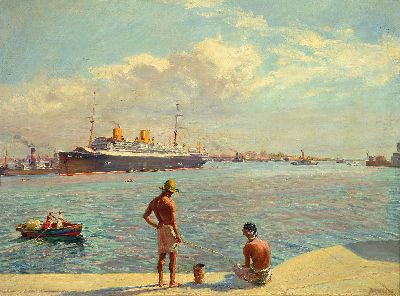 Arnold Busch, 1876 Grünenplan-1951 Cismar, Der Kreuzfahrtdampfer Columbus in einem asiatischen Hafen, im Vordergrund Jungen am Kai, Öl/Lwd/Holz, ...