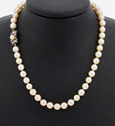 Perl-Collier mit 18 kt Gold Saphir-Schließe, WG 750/000, Akoyazuchtperlen, D. ca. 6.9- 7.3 mm, einzeln geknotet, L. ca. 40 cm, Steckschließe mit 2 ...