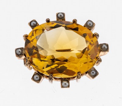 14 kt Gold Citrin-Perl-Brosche, um 1900, RG585/000 gepr., ovalfacett. Citrin ca. 15.0 ct, 8 kl. Flussperlen, ca. 7.4 g