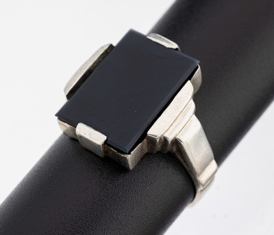 Art Deco Onyx-Ring, Silber gepr., architektonisches Design, freie Onyxplatte, RW57