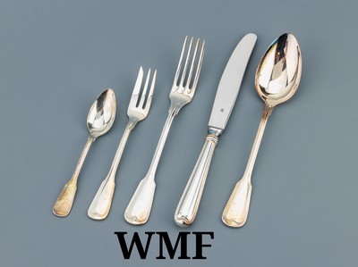 WMF Besteck für 12 Personen, 800er Silber, Augsburger Faden, best. aus: 12 Menuegabeln, 12 Menuelöffel, 12 Menuemesser, Klingen Stahl Griffe ...
