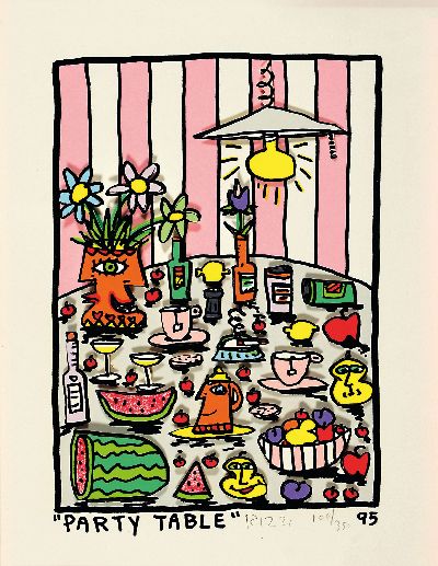 James Rizzi, 1950-2011, "Party Table", 108/350, handsigniert, datiert 95, passende Galerierahmen mit PP. , Ausschnitt ca. 25.5 x 20 cm, ...