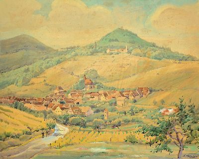 Adolf Kessler, 1890 Godramstein-1974 Landau,Blick auf Leinsweiler in den Slevogthof, Aquarell auf Papier, rechts unten signiert, ca. 46x58cm, PP, ...