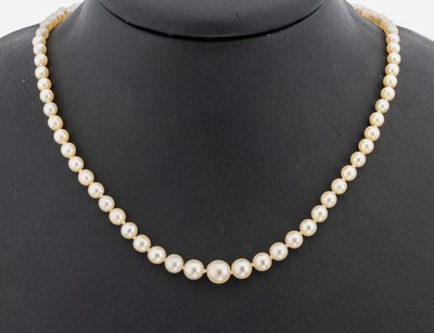 Perl-Collier mit 18 kt Gold Saphir-Schließe, WG 750/000 gepr., Zuchtperlen im Verlauf, D. ca. 2.9-6.9 mm, einzeln geknotet, Steckschließe mit kl. ...