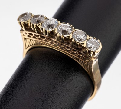 14 kt Gold Diamant-Ring, um 1900, GG 585/000, 6 Altschliffdiamanten zus. ca. 1.0 ctWeiß-l.get.Weiß/si-p, bögenf. Unterkaderung, RW 51.5, ca. 3.4 g