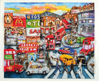 Linnea Pergola, geb. 1953, London Picadilly Circus und die Beatles, dreidimensionale Farblithographie, sign. und bez. e.a., ca. 43x50cm, PP, ...