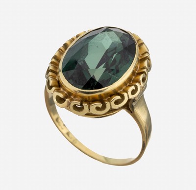 14 kt Gold Farbstein-Ring, 1950er Jahre, GG585/000, ovalfacett. grüner synth. Spinell, geschwungene Fassung, RW 51, ca. 4.8 g, Meistermarke ...