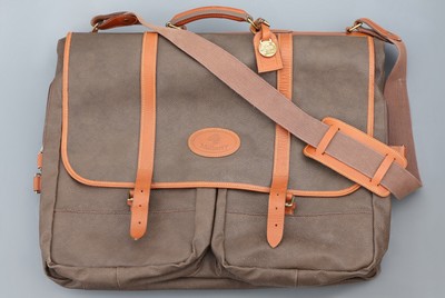 MULBERRY Vintage Kleidersack, braunes Scotchgrain Leder, Besätze, Tragegriff, Adressanhänger und Gurte braunes Glattleder, innen bunt karierter ...