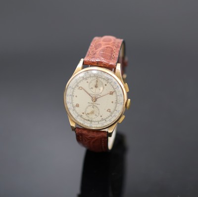 CHRONOGRAPHE SUISSE / BRITIX Schaltradchronograph in RG 750/000, Handaufzug, Schweiz um 1950, Geh. dell., Boden und Glasrand aufgedr., verg. Cuvette ...