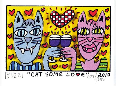 James Rizzi, 1950 Brooklyn New York - 2011, 3D-Konstruktion, "Cat Some Love", num.108/350, dat.2010, PP.Ausschnitt ca. 8 x 10.5 cm, PP. mit ...