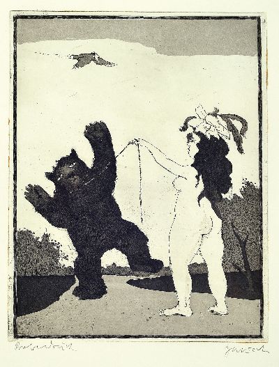 Janosch, Horst Eckert, geb. 1931, Radierung, Frauenakt mit tanzendem Bär an der Kette, Probedruck, handsigniert, Abbildung ca. 29.5 x 23 cm, unter ...