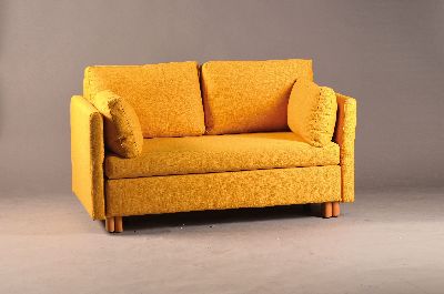 Designer Sofa/Schlafsofa, von Signet, mit gelbem Stoff bezogen, komplett verstellbar zum Schlafen, ca. 77x147x90 cm l. fleckig an der Lehne, EZ 2-3