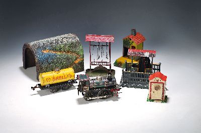 Konvolut Modelleisenbahn bzw. Blechspielzeug, Spur 0, deutsch, Bing/GBN Bavaria und Karl Bub, Anfang 20.Jh., Richtungsanzeiger 1678, ...