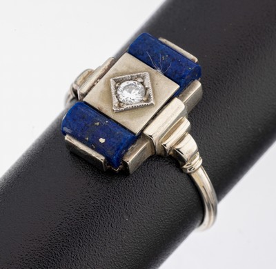 14 kt Gold Art Deco Brillant-Lapislazuli-Ring,um 1930, WG 585/000, geometrisches Design, Brillant ca. 0.06 ct Weiß/si, Lapislazuli -Einlage, RW 55, ...