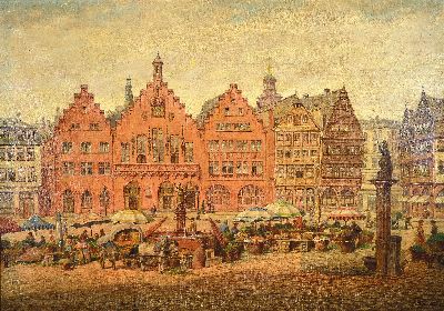 Karl Luckhardt, 1886-1970 Frankfurt, Ansichtvon Alt-Frankfurt, Blick auf den Römer mit vordergründigem Markttreiben, rechts unten signiert, ...