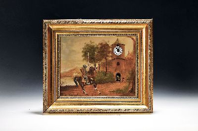 Kleine Bilderuhr, deutschsprachiger Raum, um um 1920/30, verzierter gestuckter und vergoldeter Rahmen, Ölmalerei auf Holz, Ritter mit Turnierlanze ...