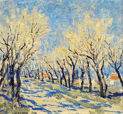Walther Klemm, 1883 Karlsbad-1957 Weimar, von blühenden Obstbäumen gesäumter Weg oder Bachlauf, links unten signiert, Öl/Karton, 34x37 cm, Rahmen ...