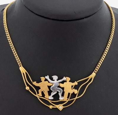 18 kt Gold Brillant-Collier, GG/WG 750/000,qualitätvolle Verarbeitung, Mittelteil mit figürlicher Darstellung, Brillant ca. 0.05 ct Weiß/si, L. ...