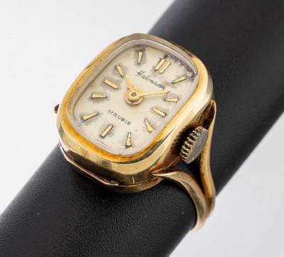14 kt Gold Ringuhr, 1940er-50er Jahre, GG 585/000, weißes Ziffernblatt patiniert, Strichindizes, sign. Habmann, Handaufzugswerk,Fkt. ungepr., RW ...