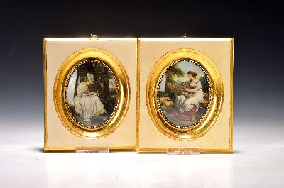 J. Hofmann, zwei Miniaturmalereien, 20. Jh., auf Mammut-Elfenbeinplatte, Künstler der Manufaktur Hafke, Louisa Hammond und Abra- Schäferin Blumen ...